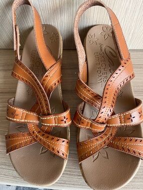 Skechers Women's Cognac Leather T-Strap Slingback Sandals